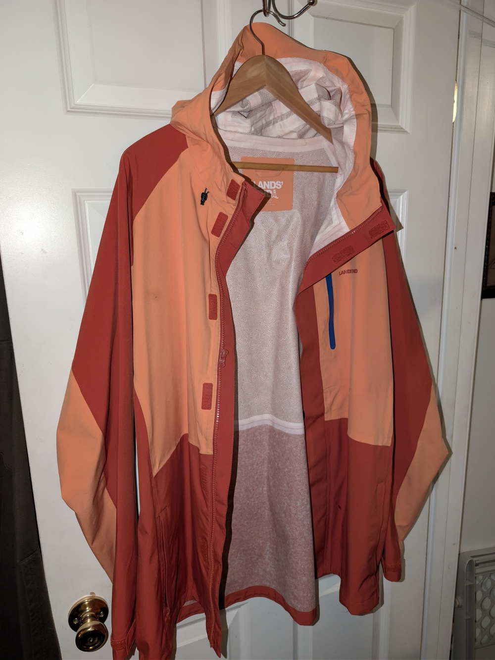 Lands' End Women's Colorblock Hooded Ski Jacket — Coral & Rust